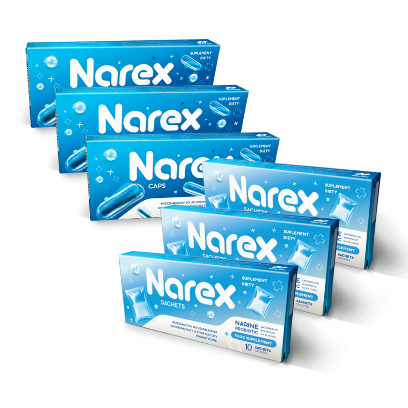 Trzy opakowania Narex Caps i trzy opakowania Narex Sachets